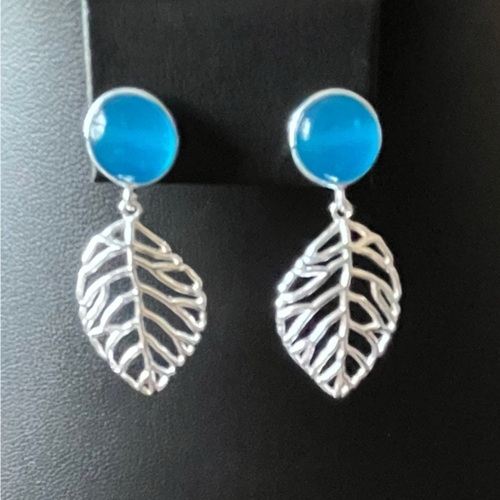 Blue Chalcedony Silver Leaf Earrings